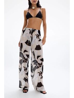 Printed Wide-Leg Beach Pants - Black & White